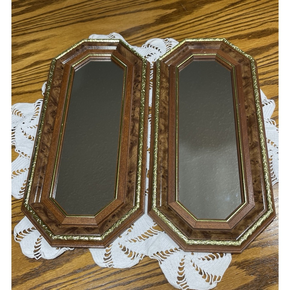 VTG Home Interiors Wood Wall Mirror Gold Trim 18" X 8" Octagon MCM Set Of 2